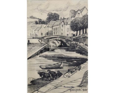 M.A AMENNECIER (1888 - 1950) charcoal sketch, signed, framed under glass. 12.5 x 20cm 