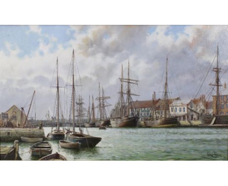RODNEY CHARMAN (1944-),POOLE HARBOUR 1905, oil on canvas, signed and dated 85, in a silver giltwood frame, 75 x 45.&nbsp; &nb