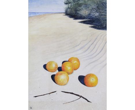 STEPHEN KELLY (SCOTTISH) ORANGES ON THE BEACH, mixed media on paper, signed with initials, framed under glass with title labe