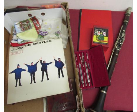 Guy Humphrey clarinet, a set of drawing instruments in fitted case, skudo game, 1977 jubilee scarf, embroidered cloth and oth