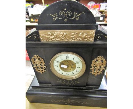 19th C French slate cased mantel clock with gilt metal mounts and panel decorated with puttie, two train movement with Brocot