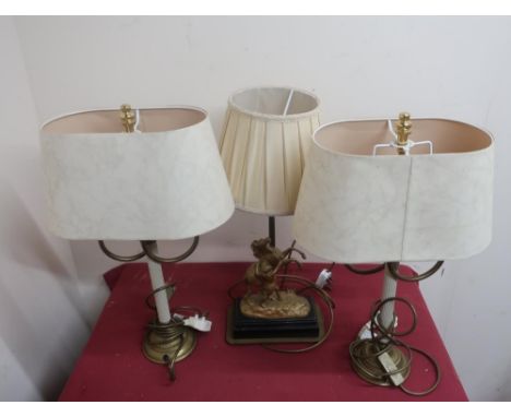 Pair of neoclassical design table lamps with two scroll arms on fluted columns H55cm, and another table lamp set with horsema