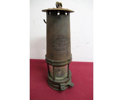 W.E Teal &amp; Co Swinton Lancs brass and steel miners lamp No. 6, stamped 270DP, MMC No.4562 H26cm 