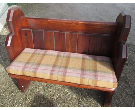 Small Victorian pitch pine pew, panel back and solid ends with brass handles and metal numeral 53, L100cm H90cm D50cm, with l