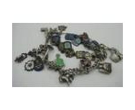 Collection of fourteen sterling silver and enamel souvenir charms, and a charm bracelet with eleven various charms, some stam