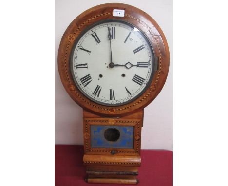 Late 19th C Superior American drop dial wall clock,  walnut case with Tunbridge ware banding and double scroll trunk, two tra