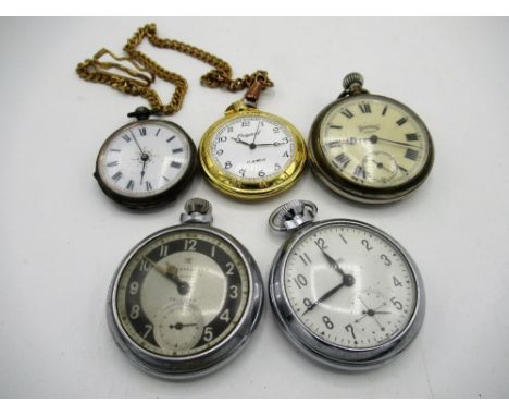 "Services" army plated pocket watch, gold plated Martel 17 jewel pocket watch and albert, a Smiths chrome plated pin pallet p