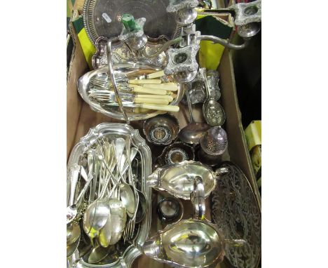 EPNS four branch candelabra, an EPNS circular salver, various EPNS and other cutlery including fruit servers large ladle, fis