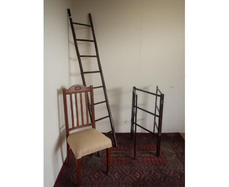 Set of faux bamboo tread library ladder H218cm, and Edwardian oak dining chair an 20th C two fold towel rail (3) 