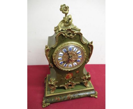 Late 19th C French rococo style mantel clock, painted case with rose decoration and applied gilt metal mounts, gilt dial with