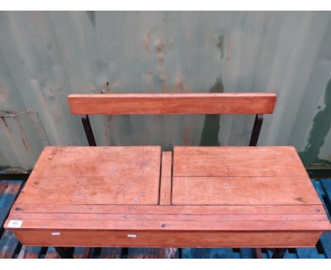 Vintage metal framed twin school desk, with two hinged tops and folding bench seat W91cm 