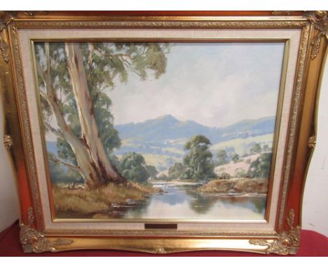 Frank Mutsaers (Dutch 1920-2005): 'Morning Light Yarra River' oil on board, signed 40cm x 50cm with presentation plaque to fr