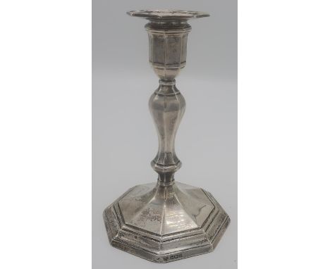 Geo. lll style Edwardian silver hallmarked candlestick, filled octagonal column on stepped base, H17cm, Sheffield 1979 by Haw