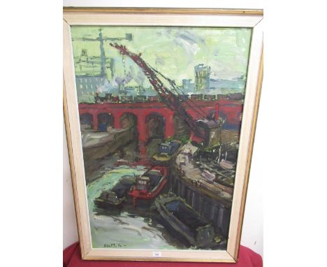 Selby (20th Century): Leeds Canal Basin, industrial scene with Railway viaduct, oil on board, signed Selby and dated 72, 90cm