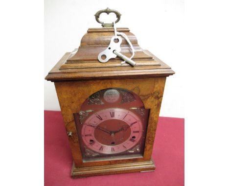20th C Georgian style Elliot burr walnut cased bracket clock, break arch brass dial with silvered chapter, three train Westmi