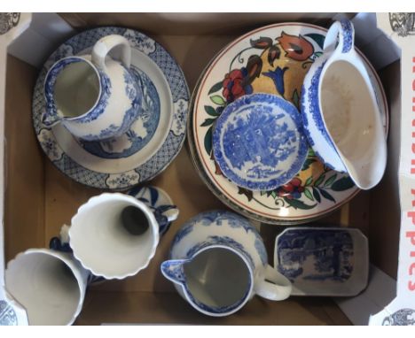 Spode Italian pattern small rectangular dish, collection of blue and white pattern jugs, other blue and white ceramic (15) 