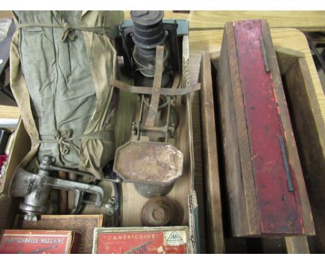 Vintage Bukta Warbler 12M tent with wooden poles, a set of vintage scales with six weights, vintage Tilly type lamp and two w