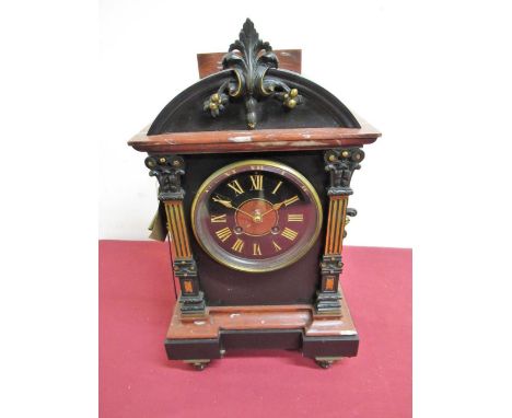19th C French slate and Variegated rouge marble mantel clock, reverse break front case with applied columns, two train rack s