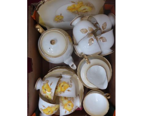 Shelley tea service for ten, printed and enameled flowers on blush ground 44 pieces 