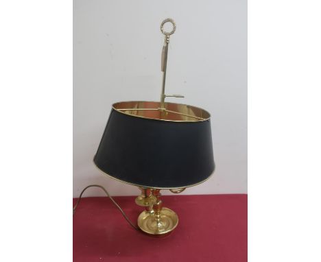 20th C brass library lamp with three scroll arms circular base with rise and fall shade 