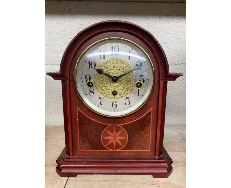20th C Edwardian style Hermle mantel clock, three train Westminster chiming movement with floating suspension, movement stamp