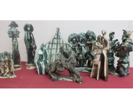 Collection of Stephan Gorski pottery figures including Don Quixote, three musketeers, moon flask etc, some limited editions H