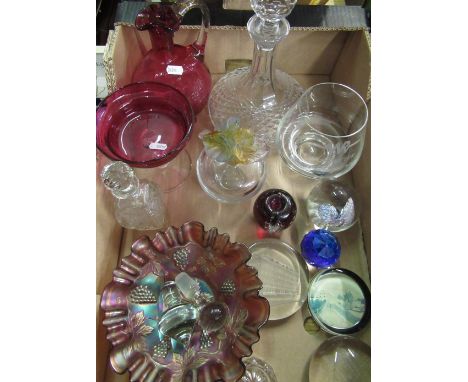 Cranberry glass ewer with clear glass handle H20cm, a ruby glass dish with clear stem, a Carnival glass bowl, ships decanter,