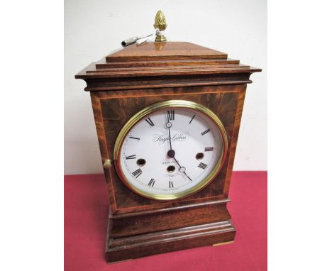 20th C inlaid mahogany Georgian style mantel clock retailed by Knight &amp; Gibbons of London, three train triple chiming mov