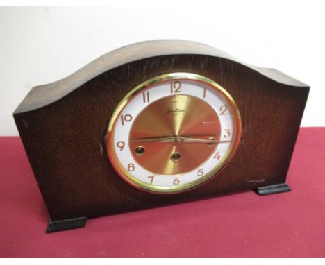 20th C Bentima oak cased mantel clock, three train Westminster chiming movement with floating suspension W32.5cm D9cm H20cm 