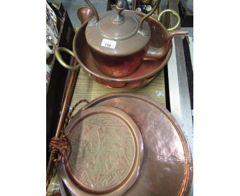 Victorian copper kettle with an acorn finial, a circular plaque decorated with Celtic designs D40cm, a copper hunting horn L1