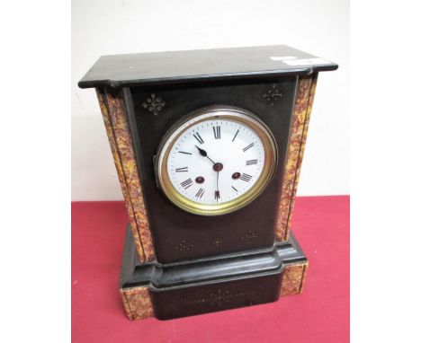 19th C French slate and variegated marble mantel clock, two train count wheel striking movement stamped with manufacturers ma