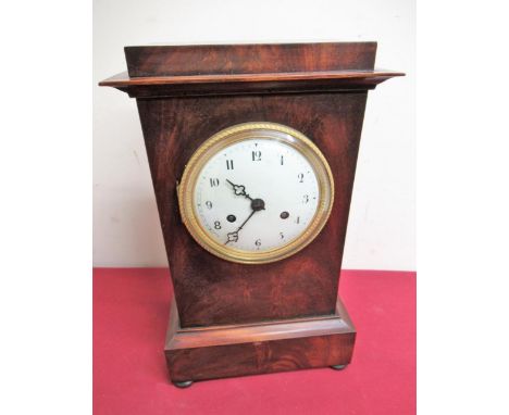 Late 19th C French mantel clock, flame mahogany case with moulded cornice and stepped base, ivory coloured arched dial enclos