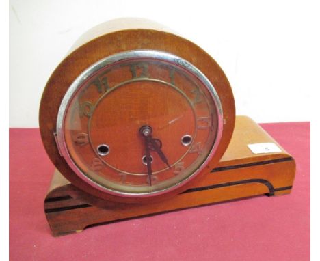 1930s mahogany cased inlaid mantel clock skeletonised chaptering enclosed by chrome coated bezel, three train Westminster chi