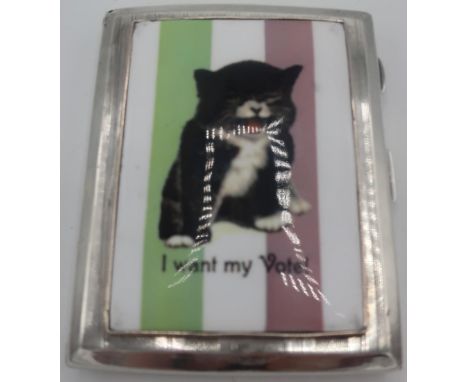 Hallmarked silver and enamel case depicting a Suffragette cat, Birmingham 1926, by Frederick Field. 
