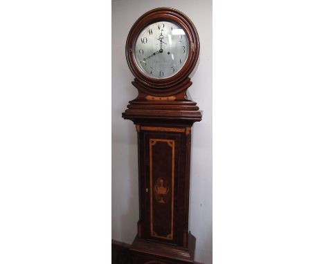 William Rust Hull, Early 19th C inlaid mahogany drum head long case clock, circular signed silvered dial with subsidiary seco