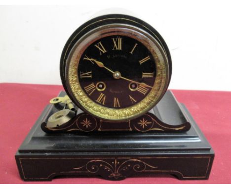 French 19th C slate mantel clock, drum head on scrolled stepped base with gilt decoration, two train count wheel striking mov