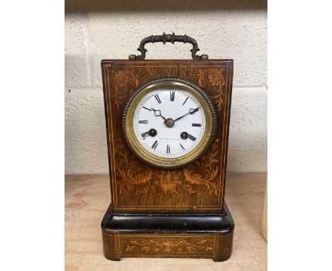 Late 19th C French rosewood marquetry inlaid mantel clock, Valery A. Paris, two train count wheel striking movement with silk