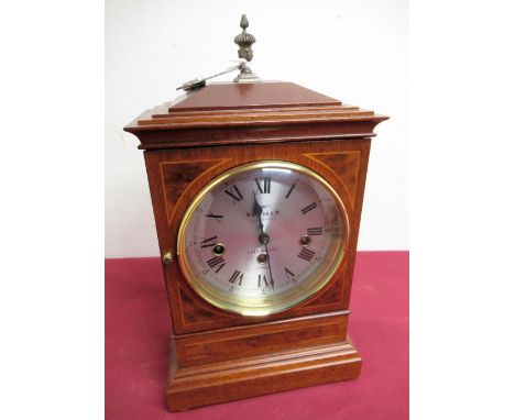 20th C inlaid mahogany Georgian style bracket clock circular silvered dial, retailed by Sewels, Liverpool. three train Kienin