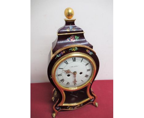 20th C Hoehler mantel clock, Rococo style painted case decorated with floral sprays, glazed door enclosing  enamelled dial,  
