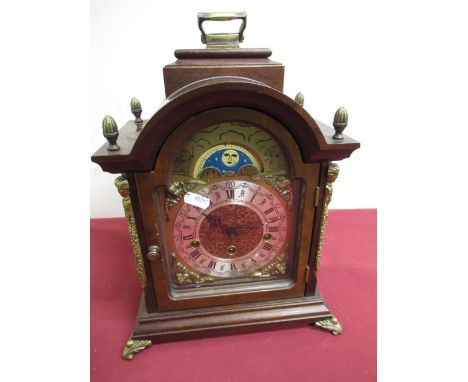 20th C walnut cased Georgian style bracket clock, brass break arch dial with silvered chapter and moon phase, three train Fra