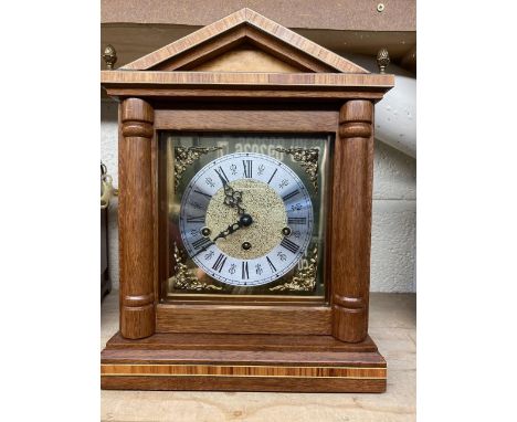 20th C Victorian style mahogany architectural inlaid mantel clock , brass dial with silvered chapter, three train Westminster