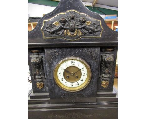 19th C French slate mantel clock with gilt metal mounts, two train count wheel striking movement on a gong, W48.5cm D16.5cm H