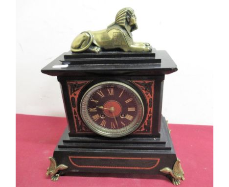 19th C Egyptian Revival slate and rouge marble mantel clock, case surmounted with recumbent brass sphynx on stylised brass pa