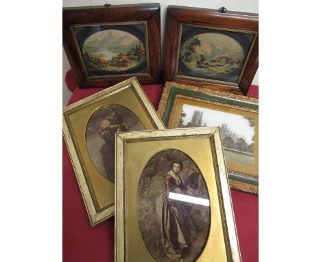 Pair of chromolitho. Alpine scene prints in Victorian rosewood frames, a pair of gilt framed oval prints and another print (5