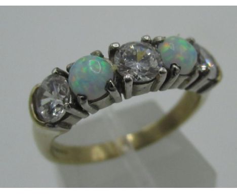 9ct gold hallmarked white stone and opal ring, boxed