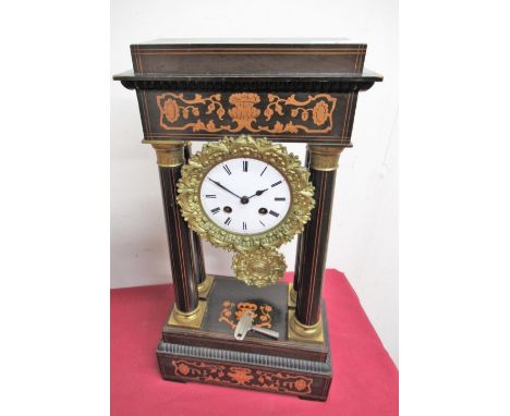 19th C French ebonised and marquetry portico clock,  two train count wheel striking movement numbered 512 W25cm D12cm H45.5cm