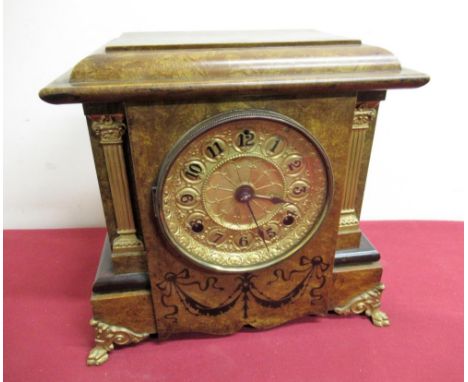 Early 20th C American walnut and ebonised architectural mantel clock on scroll claw feet, circular brass dial with lacquered 