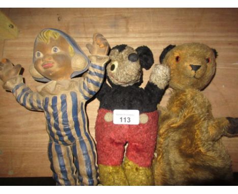 A Chad Valley plush model of Micky Mouse, a Bendy toy Andy Pandy, a plush Sooty glove puppet 