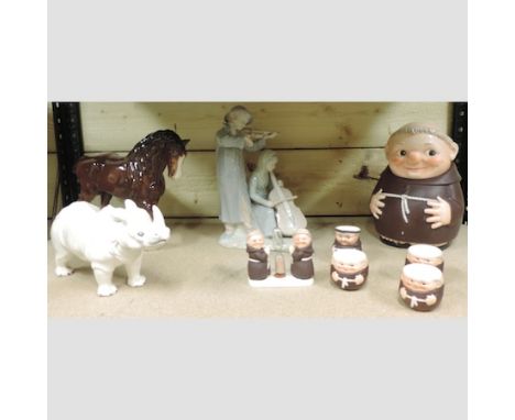 A collection of Goebel figures, to include a biscuit barrel in the form of a monk, 26cm tall, together with a KPM porcelain f