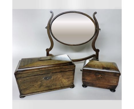 A late Regency rosewood tea caddy, with a fitted interior, 31cm, together with another smaller and a toiletry mirror 